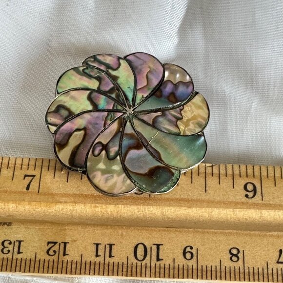 VTG Sterling Silver 925 Abalone Inlay Pinwheel Design Brooch Size 1.5'' Diameter - Picture 5 of 6